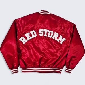 St John's Red Storm Vintage 90s Chalk Line Satin Bomber Jacket